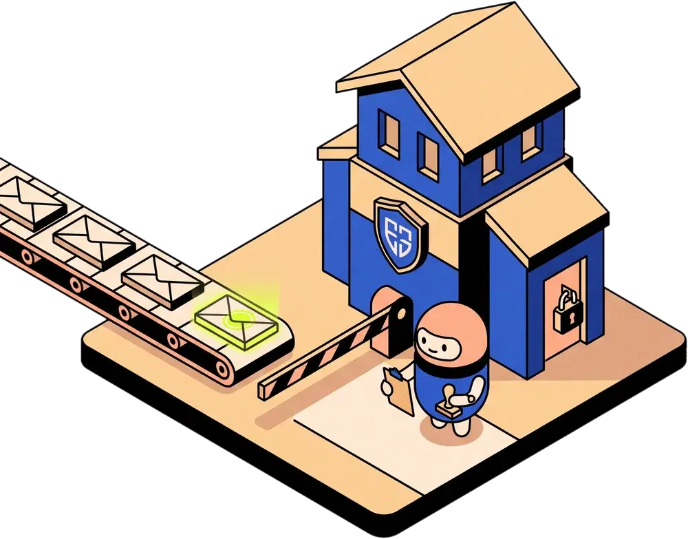 Illustration of a gatehouse that checks envelopes on a conveyor belt before they leave the building