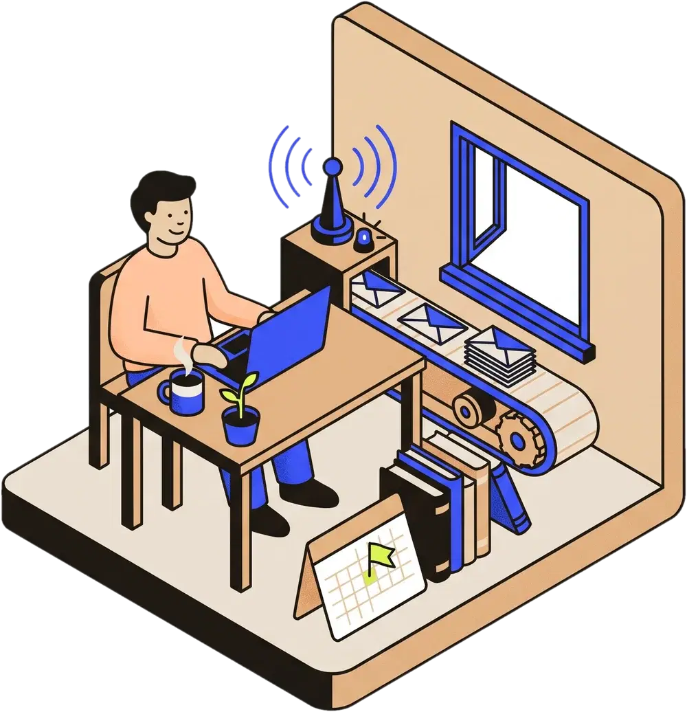 Illustration of a founder at a desk beside a conveyor of envelopes, with a signal tower and a map board