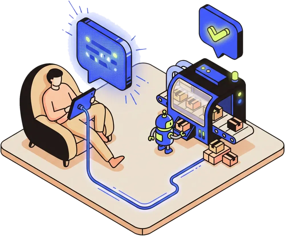 Illustration of a person in an armchair with a tablet, linked by a cable to a machine that packs boxes and shows a check mark