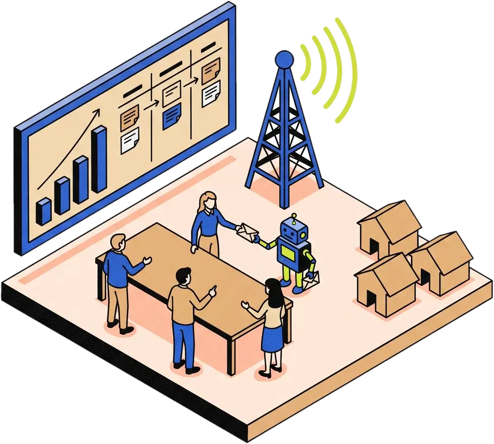 Illustration of four people around a table reviewing a growth chart, with a robot handing over an envelope and a signal tower