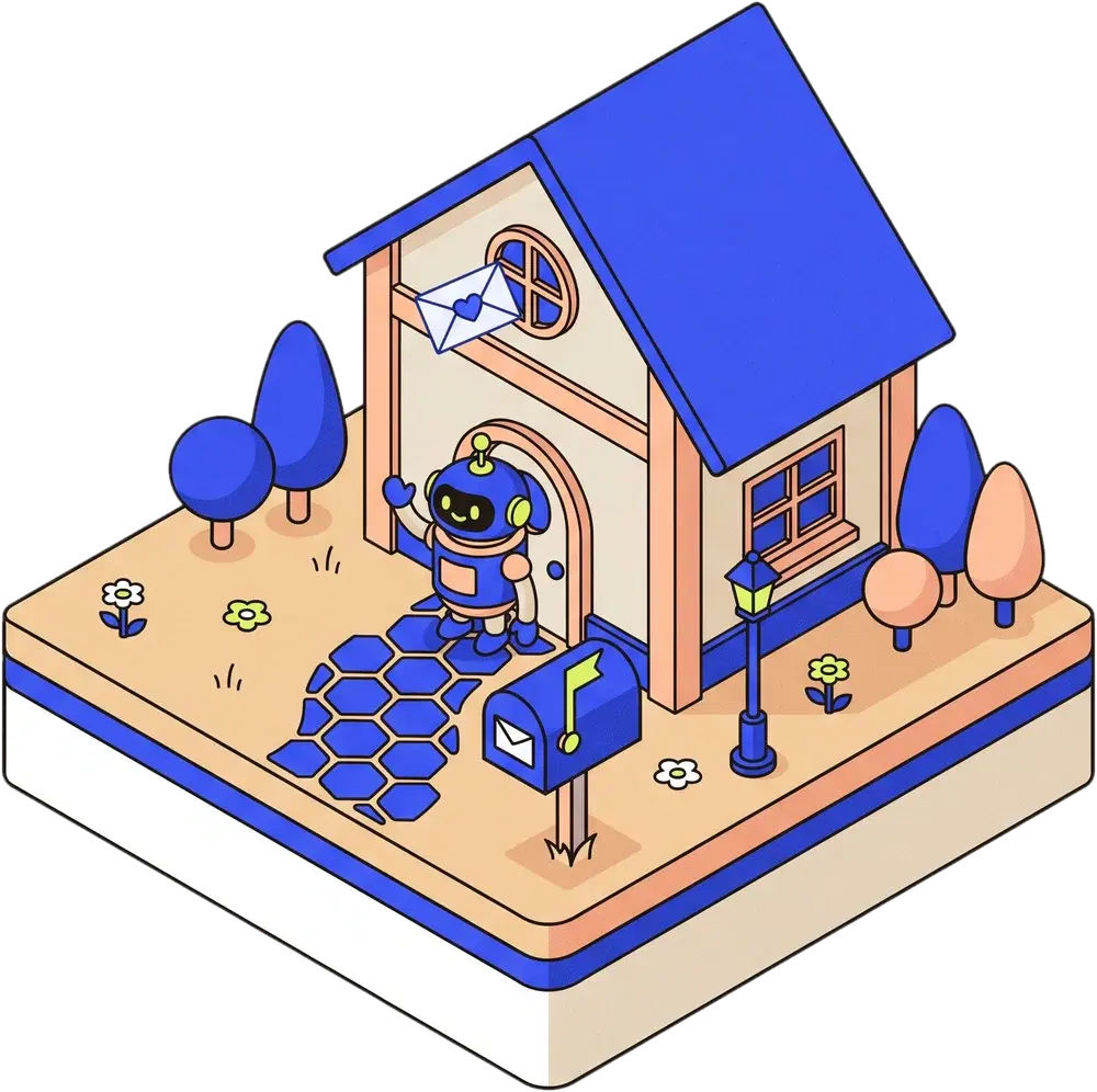 A small blue robot waves at a house with an envelope in the window and a mailbox outside.