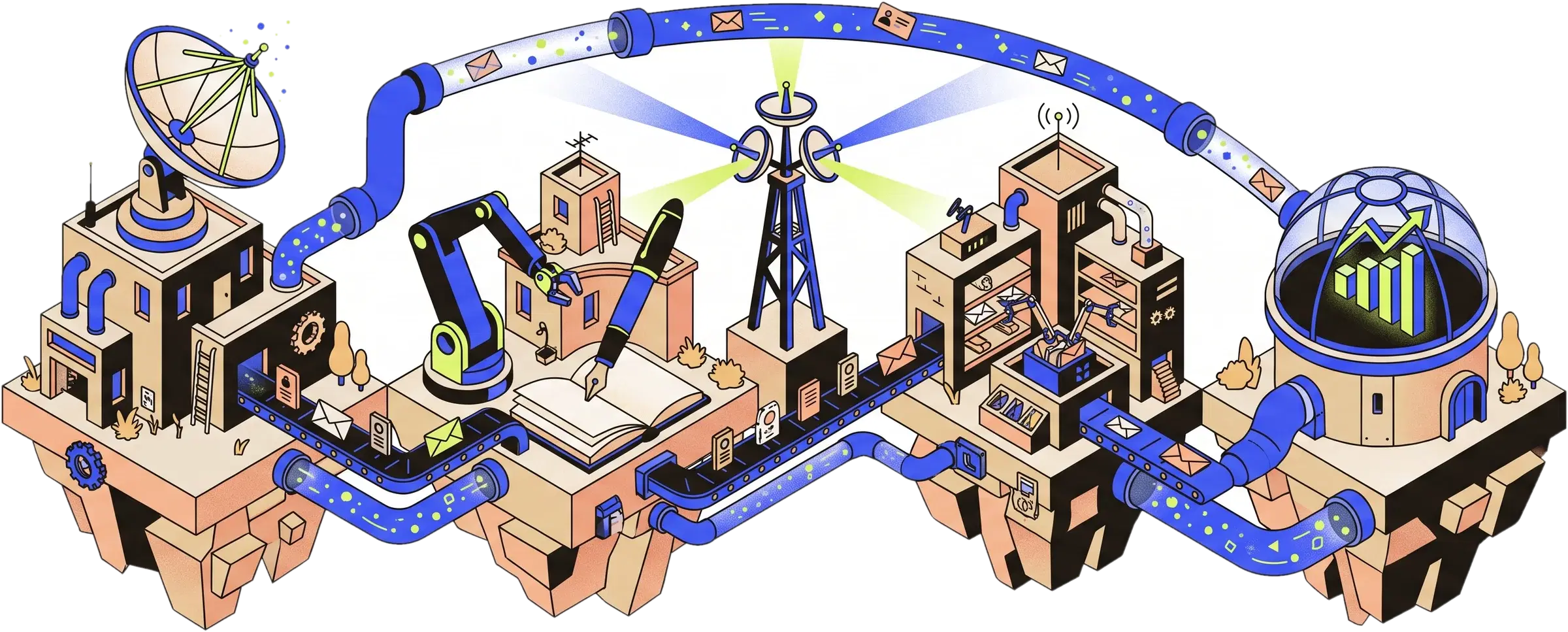 Isometric miniature city: a research lab with a satellite dish, a writing studio with a robotic arm, a signal tower beaming in three directions, a mail sorting station, and an observatory with a rising chart, all connected by pipes that loop back to the start