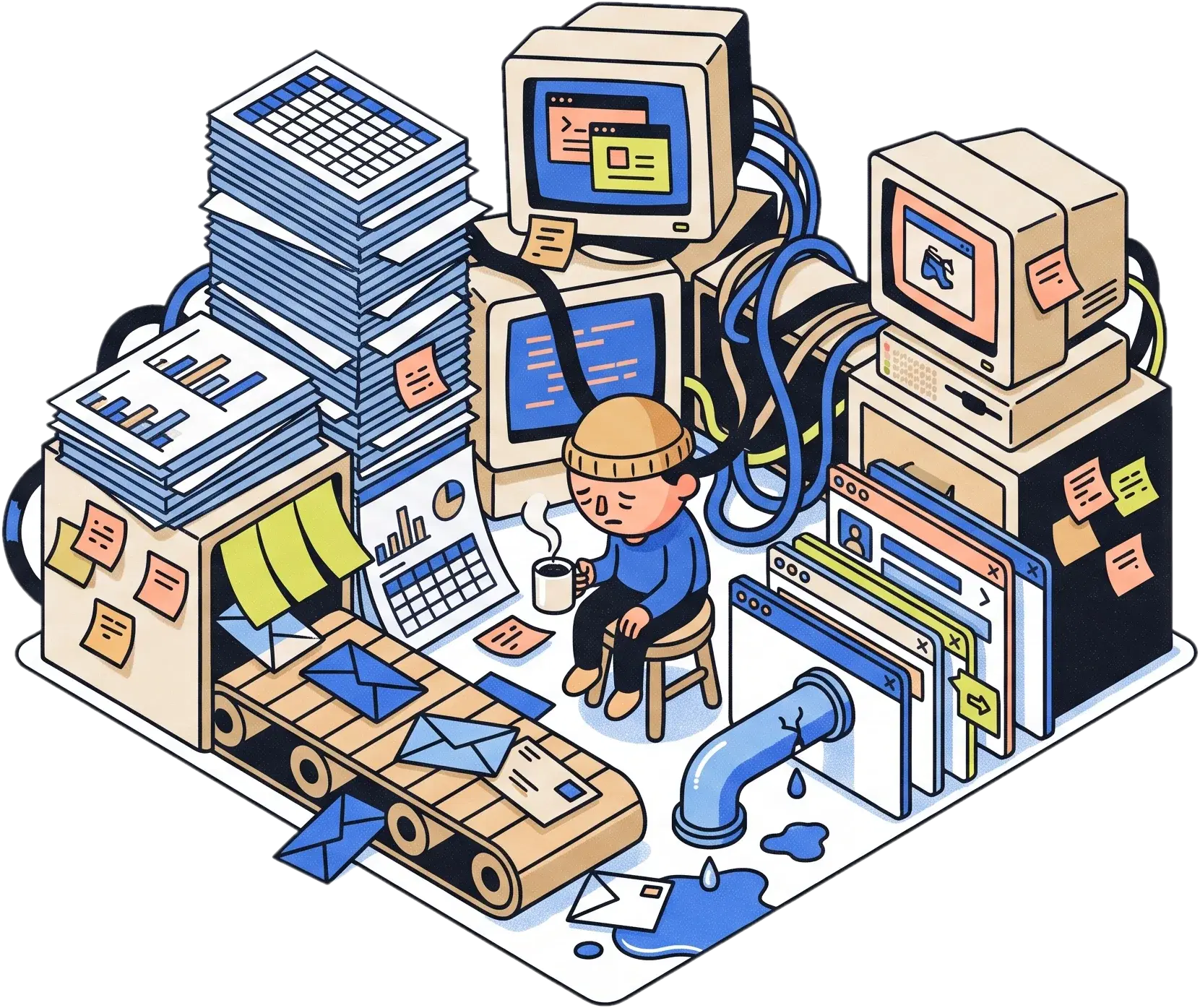 Isometric illustration of a tired founder on a stool surrounded by stacked spreadsheets, tangled monitors, a broken conveyor spilling envelopes and a leaking pipe